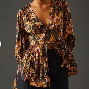 Anthropologie Floral Blouse in Black and Gold